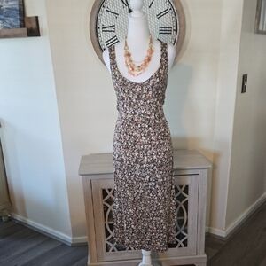 Chic Floral Midi Dress in Black and Brown And Peach NWOT